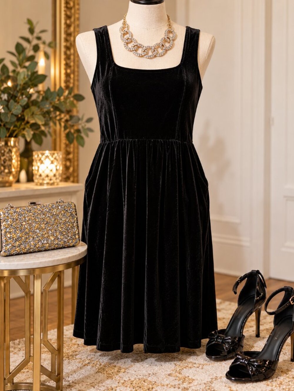 Old Navy Black Velvet LBD Dress XL Tall Stretch Pockets